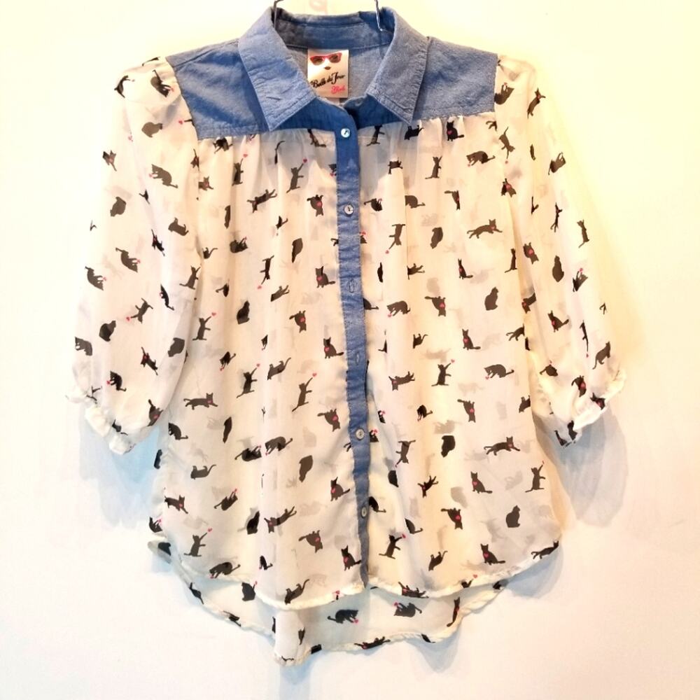 Belle du Jour Black Cat Blouse Sheer Collared Black White Denim Size XL‎